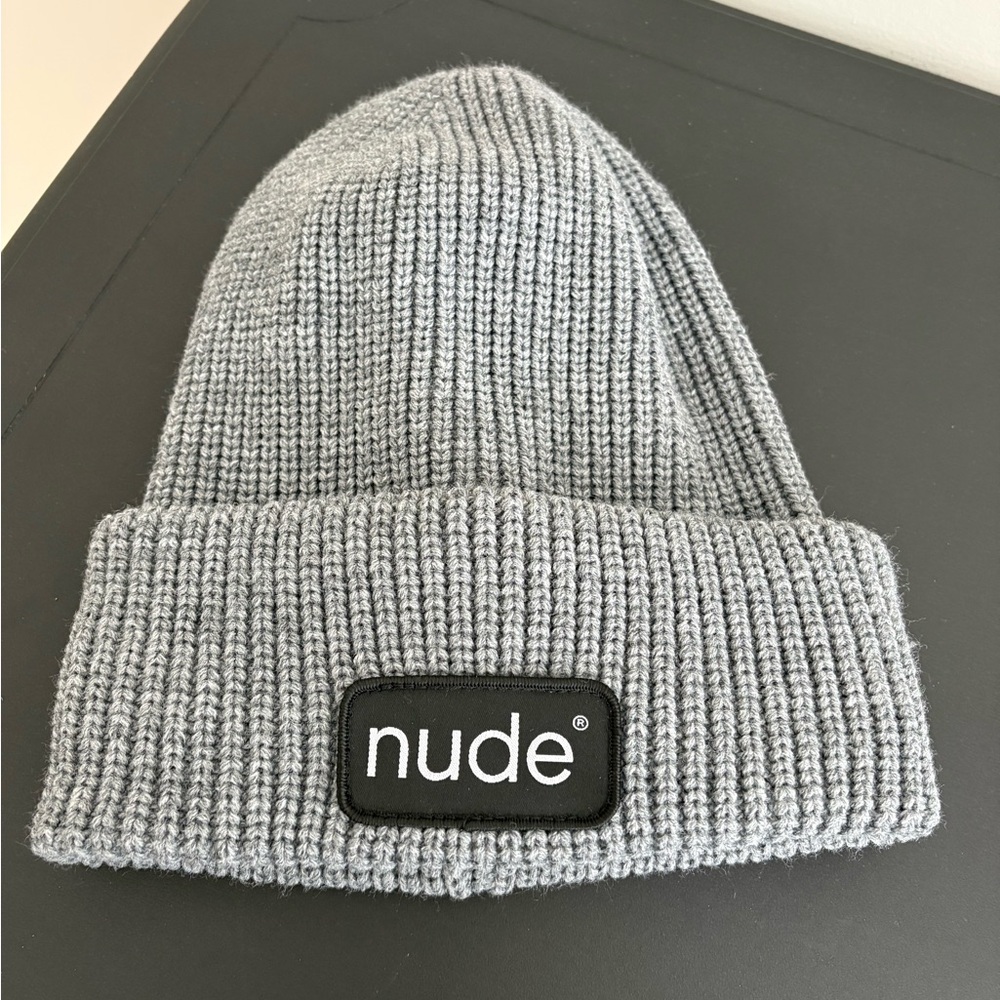 NUDE Gray Ribbed Cuff Beanie with Logo Patch BRAND NEW